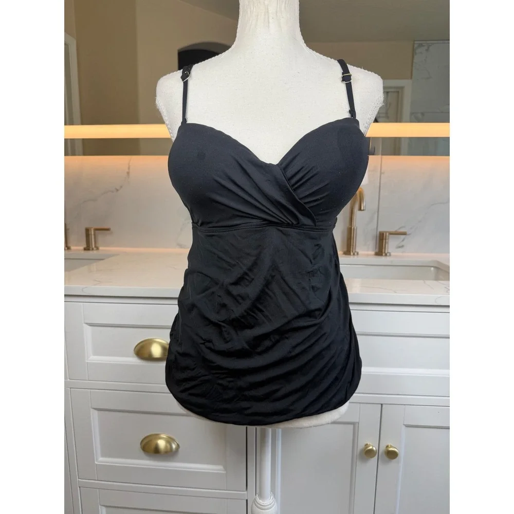 APT.9 Tankini Swim Top Womens L Black Underwire Ruched Tummy Control Adjustable